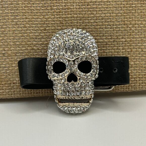 Clear Rhinestones Gold Tone Skull Bling Bling Wrist Buckle W/ Bracelet Strap - Picture 2 of 12